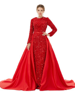 Red Mermaid Sequins Long Sleeve Prom Dress With Detachable Train